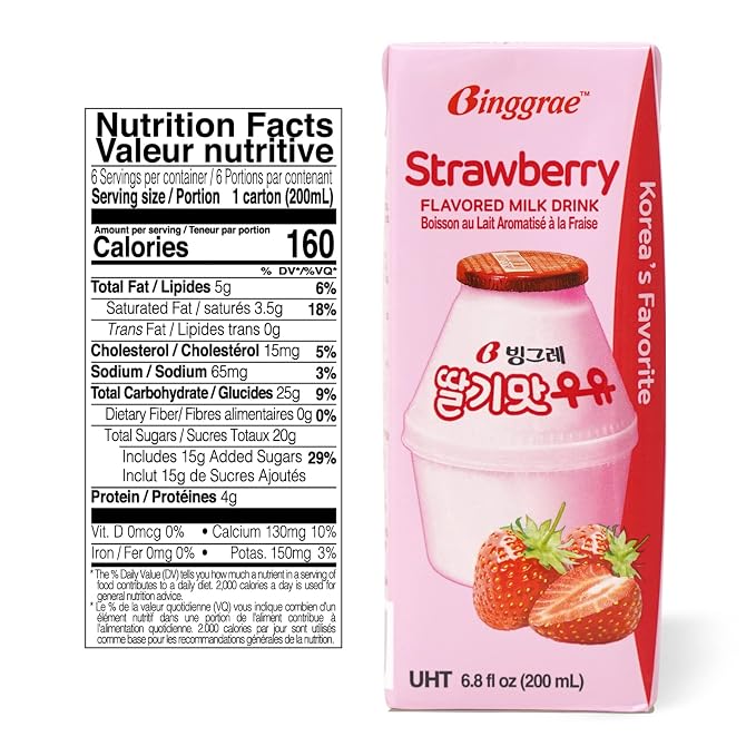 Binggrae Strawberry Flavored Milk Drink – Sweet and Creamy Korean Beverage – Shelf-Stable 6.8 fl oz Cartons – Pack of 6
