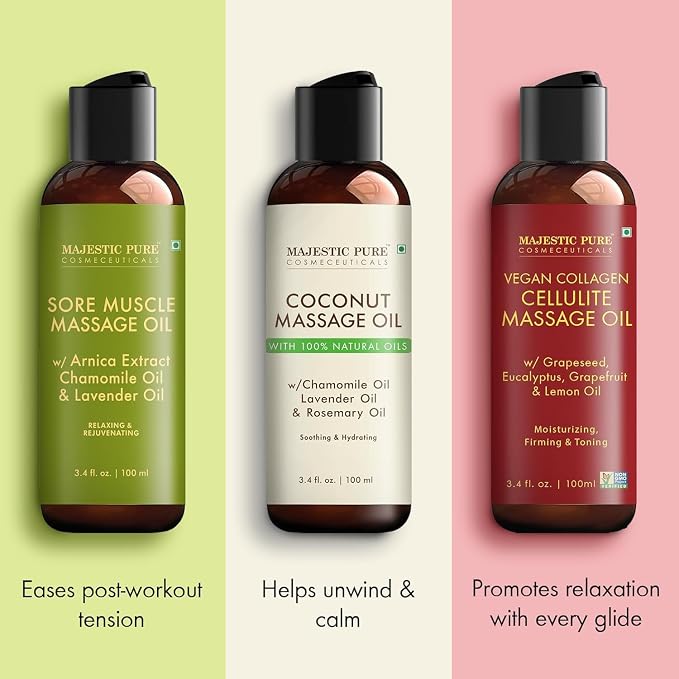 MAJESTIC PURE Massage Oil for Massage Therapy - Refreshing, and Relaxing - Natural Oils - for All Skin Types - Men and Women Massage Lotion (3.4 Fl Oz (Pack of 3), Massage Oil Set)