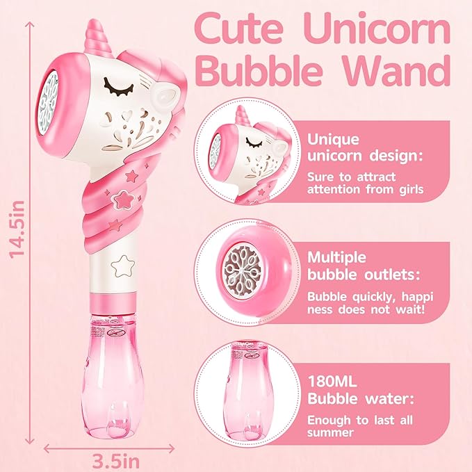 Bubble Machine Wand Gifts for Kids Toddlers Age 1 2 3 4 5 6 7 8 Years Old Birthday Party Unique Cute Baby Outdoor Outside Unicorn Summer Toy Easter Day Game for Little Girl Boy Include Solution Pink