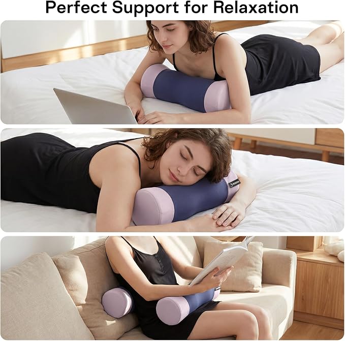 Neck Roll Pillow - Cooling Cover Round Neck Pillow for Sleeping - Memory Foam Cervical Roll Pillow - Ergonomic Bolster Pillow for Neck, Leg, Back, Yoga, Relaxing (Blue Purple)