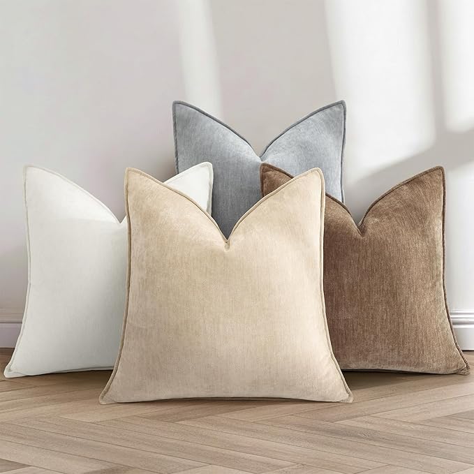 decorUhome Chenille Beige Velvet Throw Pillow Covers 22x22 Set of 2 | Fall Soft Euro Sham Couch Decorative Modern Farmhouse Pillow Cases with Elegant Design for Sofa Bed Living Room Home Decor