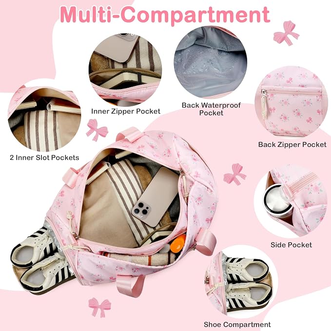 Gym Bag Sports Duffle Bags with Wet Pocket Weekender Overnight Bag with Shoe Compartment and Air Hole for Girls Kids Women Workout Travel Bags (Bow Flower-Pink)