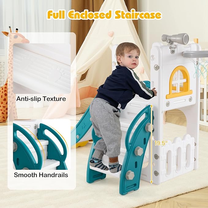 BABY JOY Toddler Slide, 6-in-1 Indoor Kids Slide Playset with Basketball Hoop, Telescope, Climbing Ladder & Storage Space, Freestanding Playhouse & Climber for Kids Aged 1-3 (Yellow)