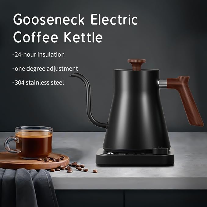 RHD Gooseneck Electric Kettle with Temperature Control LCD Display, 0.9L/900ml Pour Over Coffee & Tea Kettle, 1200W Fast Boil, Keep Warm, 304 Stainless Steel, Black
