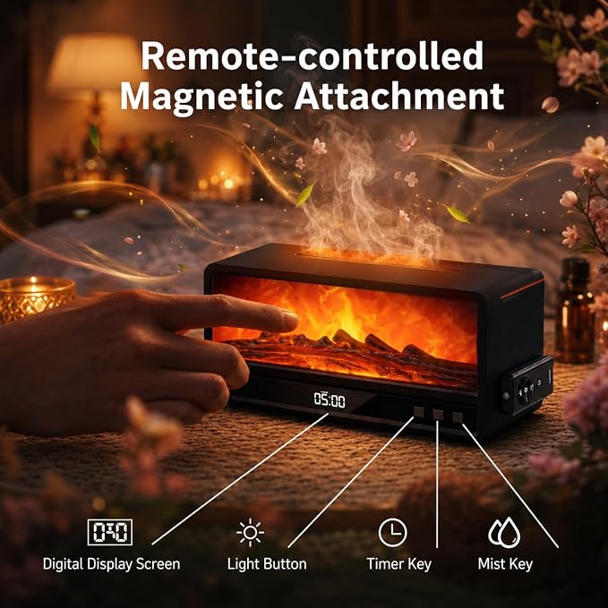 Fireplace Aroma Diffuser for Bedroom Nightstand, Essential Oil Diffuser with Realistic Flame Effect, Remote Control, Timer Auto-Off, 7 Color LED Ultrasonic Aromatherapy Diffuser for Home Office Decor