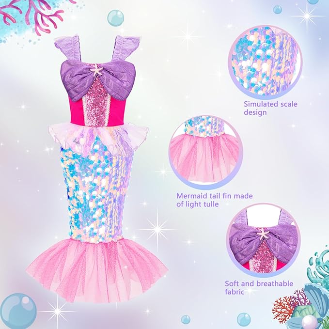 Meland Mermaid Dress - Little Mermaid Costume with Bag for Girls 3-10, Princess Dress Up for Birthday Gift, Halloween Costume