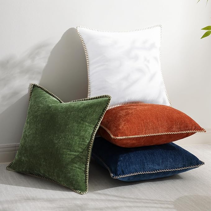 decorUhome Soft Chenille Throw Pillow Covers 12x12 Set of 2 Forest Green | Fall Textured Decorative Throw Pillow Cases Stitched Edge Modern Farmhouse Luxury Boho Velvet for Couch Sofa Bed Home Decor