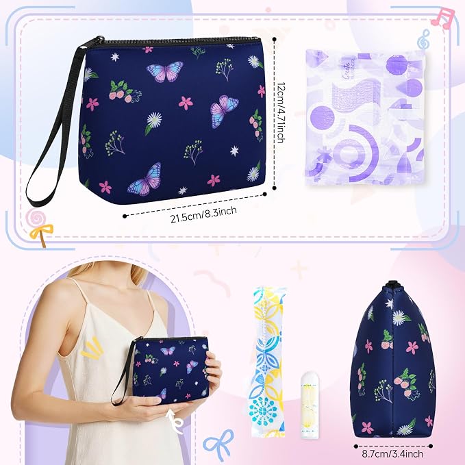 First Period Kit for Girls, Neoprene Sanitary Napkin Storage Bag, Menstrual Pad Bag Tampon Holder for Purse, First Period Gifts for 9-12 (Colorful Floral