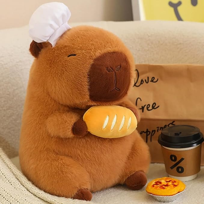 Capybara Plush with Cooking Chef Hat Holding Baguette 9.8 inch Cute Bread Capibara Stuffed Animal Ultra Soft Plushies Toys Kawaii Gifts for Kids Brown