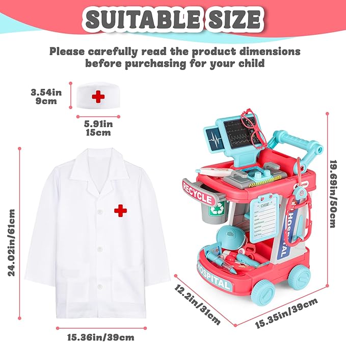 deAO Doctor Kit for Kids Ages 3+, Pretend Doctor Play Set with Doctor Cart, Costume and Stethoscope, Toddlers Doctor Role Playset Medical Kit for Girls Boys (Pink)