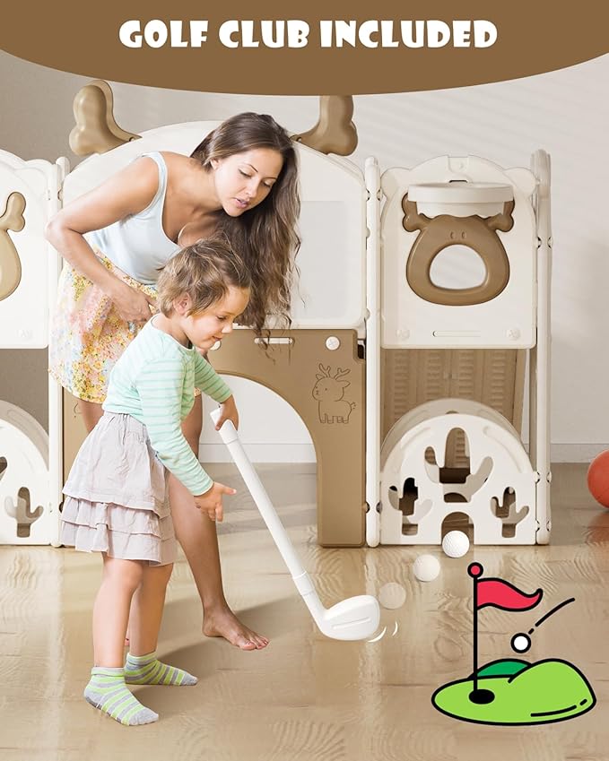 XJD 13 in 1 Toddler Slide Set, Kids Slide for Toddlers Age 1+, New Upgrade with Golf Set, Basketball Hoop, Drawing Board for Indoor Outdoor Playset,Birthday Gifts for Toddler (Brown)