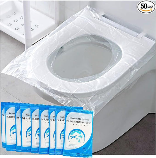 50PCS Disposable Travel Toilet Seat Plastic Cushion Waterproof Portable Toilet Seat Cushion Individually Packed, Easy to Carry for Traveling