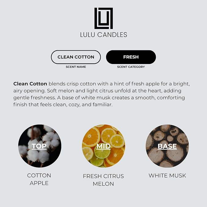 Lulu Candles | Clean Cotton (Linen) Scented Candle | Luxury Scented Soy Jar Candle | Hand Poured in The USA | Highly Scented Long Lasting - 9 Oz.