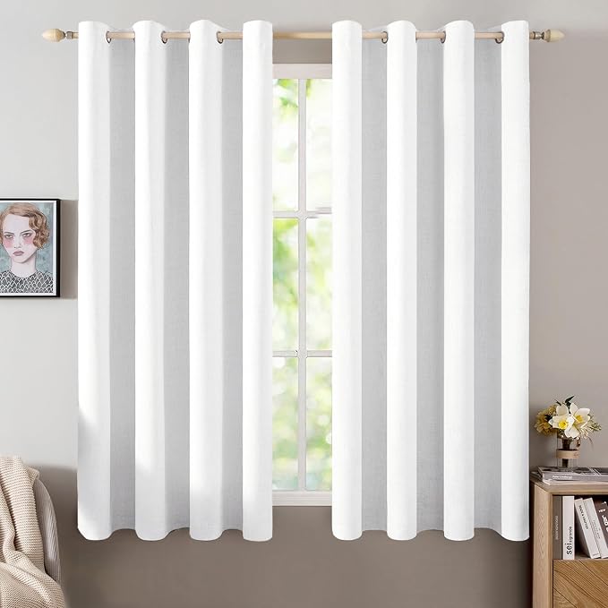 MIULEE Linen Textured Curtains for Bedroom Solid 100% Blackout Thermal Insulated Bright White Grommet Room Darkening Curtains & Drapes Luxury Decor for Living Room 52 x 45 Inch (2 Panels)