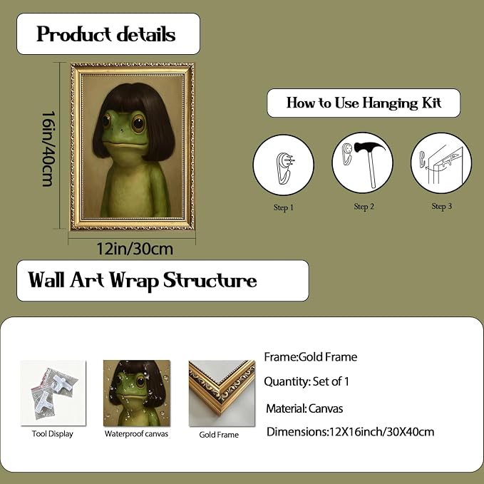 Gold Framed Funny Frog Wall Art, Whimsical Green Frog Wall Decor Painting Cute Animal Poster Canvas Prints Artwork for Living Room Bedroom Bathroom 12x16 inch