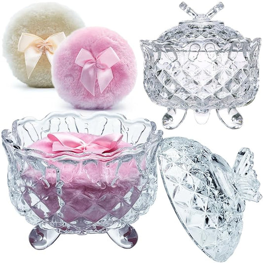 4" Glass Dusting Powder Container with 2 Fluffy Puffs,Cute 3.5" Soft Body Powder Puff and Jar Set(Butterfly-clear)