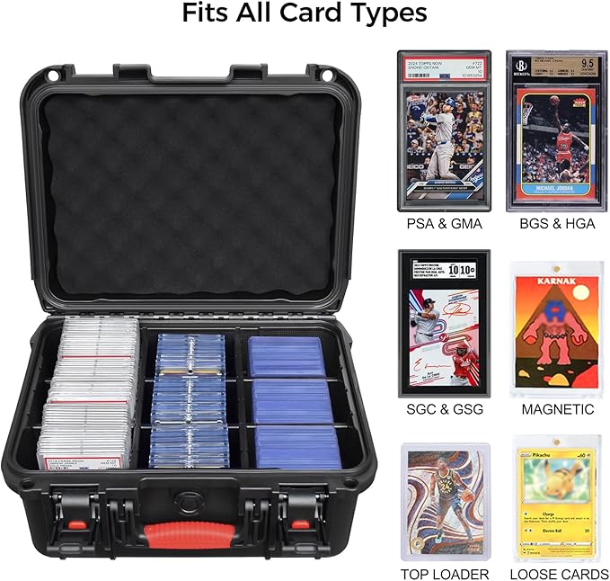 Graded & Trading Card Storage Box – PSA Slab Sports Card Case with 6 Adjustable Dividers, Fits BGS SGC CGC CSG Slabs, Toploaders & Magnetic Holders – Waterproof Hard Shell Organizer for Collectors