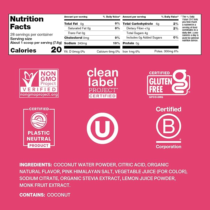 Cure Hydration | Plant-Based Electrolyte Drink Mix | No Added Sugar | Dehydration Relief Powder Made with Coconut Water | Non-GMO | Vegan | 28 Servings Jar - Tropical Punch
