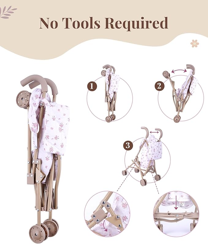 BABESIDE Baby Doll Stroller, Easy-to-Assemble Stroller for 3+ Girls, Includes 5-Piece Baby Doll Playset with Accessories for 12-15 Inch Dolls