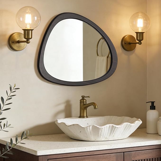 Asymmetrical Mirror, Irregular Wall Mirror, Wall Mirrors Decorative for Bedroom Living Room Entryway Hall, Wood Mirror for mid Century Modern Decor 23" H x 19" W, Dark Brown