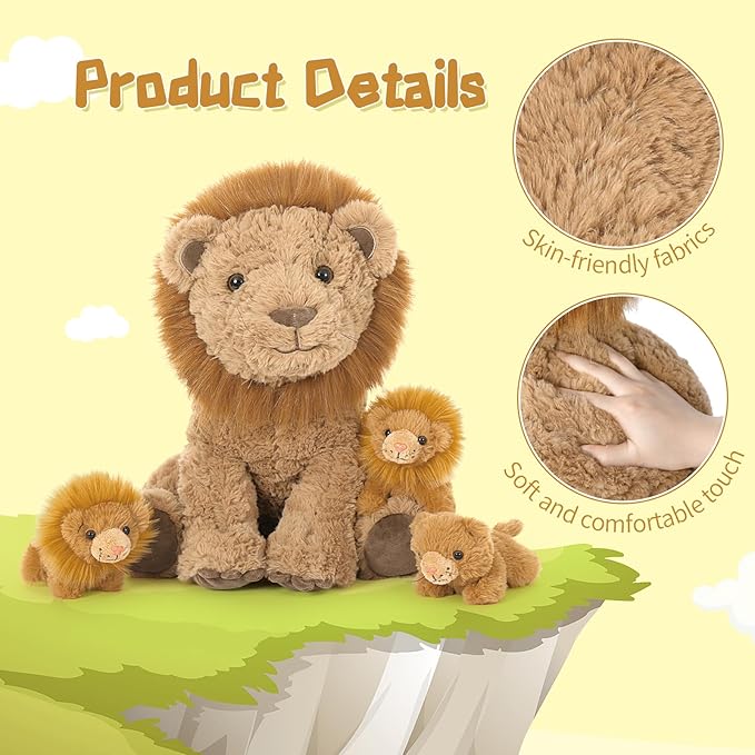 Tezituor 4 Piece Lion Plush Set 17.7 Inch Large Lion Stuffed Animals, Back Zipper Unzip Inside 3 Cute Little Lions, Soft Cuddle Lion Plush Boys Girls Birthday Gift Forest Party Decoration