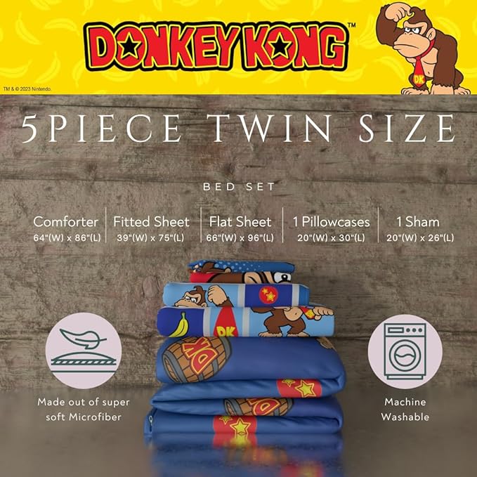Collectibles Nintendo Donkey Kong Gaming Bedding 5 Piece Super Soft Reversible Comforter and Sheet Set with Sham, Twin, (Officially Licensed Product) By Franco