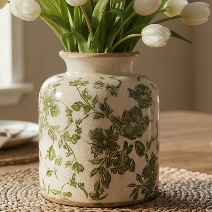 Vintage Green Crackle Glaze Ceramic Flower Vase, 6” Small Rustic Pottery Decorative Botanical Vase with Distressed Beige Rim French Country Farmhouse Cottage Tabletop & Mantel Home Decor