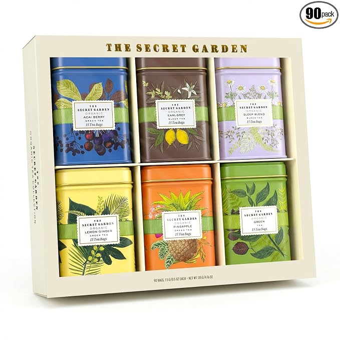 Life Plus Style Gourmet The Secret Garden Organic Tea Collection 6 Assorted Tins 90 Tea Bags Green Black and Herbal Blends with Fruit Infusions for Wellness Ideal for Gifting