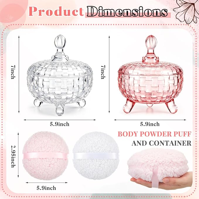 Tioncy 2 Set Extra Large Body Powder Puff and Container, 6'' Washable Vintage Decorative Crystal Powder & Container Gift for Bathroom Counter & Feminine Vanity Decor(Weave Design,Pink and Clear)