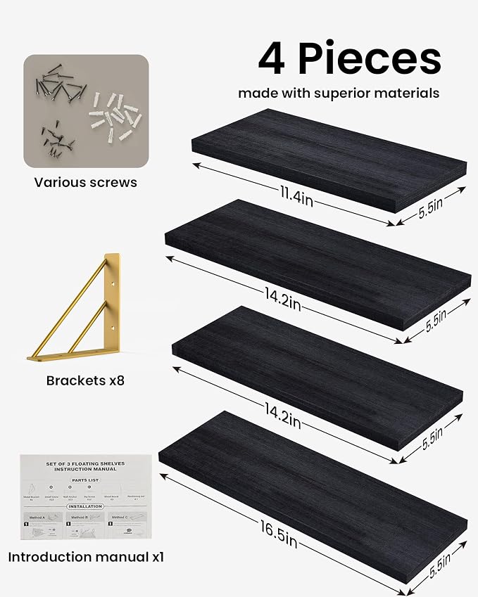 BAYKA Floating Shelves for Bedroom Decor, Wall Shelves for Storage, Wall Mounted Rustic Wood Floating Shelf for Books,Corner Shelf for Bathroom,Kitchen,Living Room(Black and Gold，Set of 4)