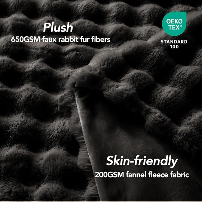 L'AGRATY Faux Rabbit Fur Throw Blanket for Couch, 50'' x 60'', Black | Soft Cozy Bubble Fluffy Blanket for Sofa Bed, Thick Warm Plush Fuzzy Throw for Room Home Decor, Luxury Gift for Women Mom