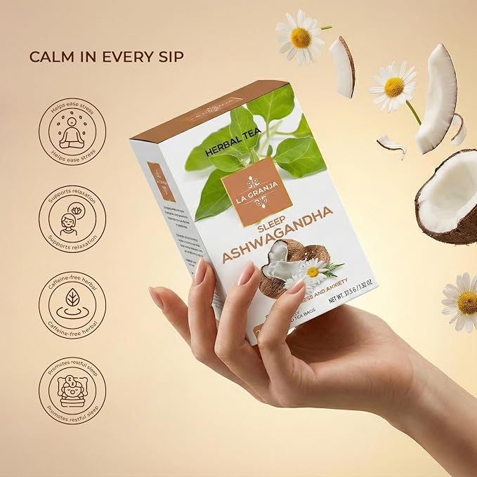 Life Plus Style Gourmet La Granja Sleep Ashwagandha Herbal Tea 25 Individually Wrapped Tea Bags Caffeine Free Nighttime Blend with Chamomile Holy Basil and Fennel Lime Leaves