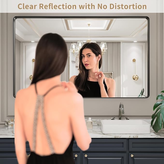 LOAAO 60X36 Inch Black Bathroom Mirror Metal Framed | Rounded Rectangle, Matte Black Bathroom Vanity Mirror, Anti-Rust, Tempered Glass, Hangs Horizontally or Vertically