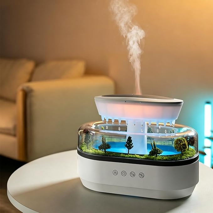 Upgrade Raindrop Humidifier Essential Oil Diffuser with Natural White Noise and Landscape Design，7 Led Colors Change Desktop Diffuser for Home Office Bedroom Waterdrop Diffuser 250ml