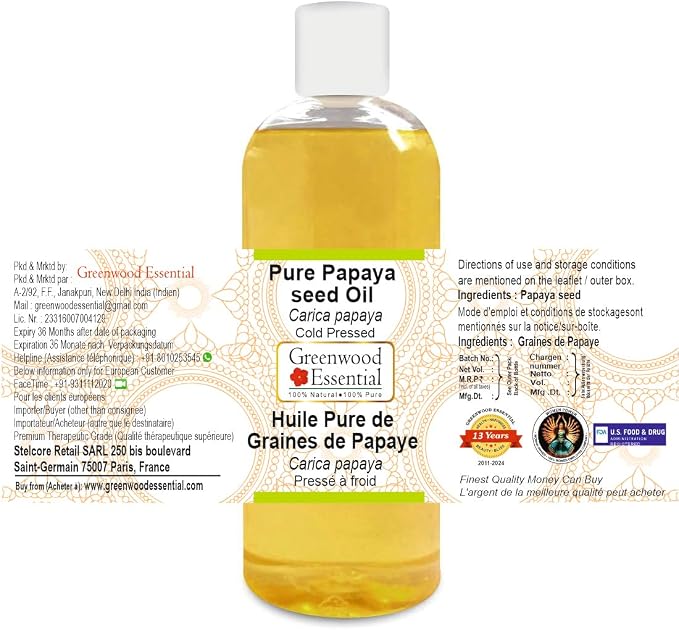 Greenwood Essential Pure Papaya Seed Oil (Carica Papaya) Cold Pressed 200ml (6.76 oz)