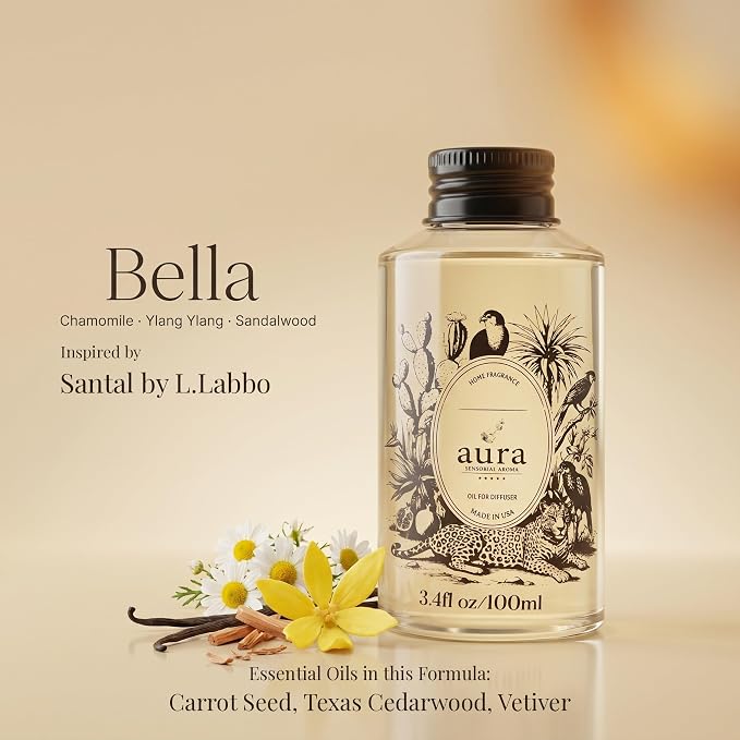 Aura Bella | Sandalwood & Ylang Ylang Fragrance Oil for Diffusers | Inspired by L. Labo Santal | Woody Luxury Scent | Aromatherapy | Home, Office & Spa | 1.7 fl oz (50ml) | Made in USA