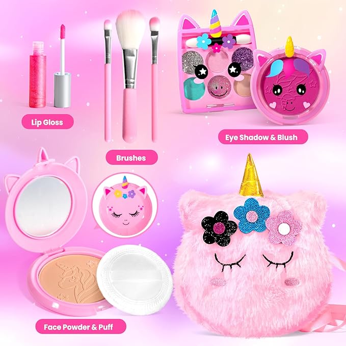 ULOVEME Kids Washable Makeup Kit for Girls 4-6 with Small Coin Purse(5.5x5.25in) - Real, Non Toxic Make Up Toy Gift- Umicorn Gift Set (Pink Coin Purse)
