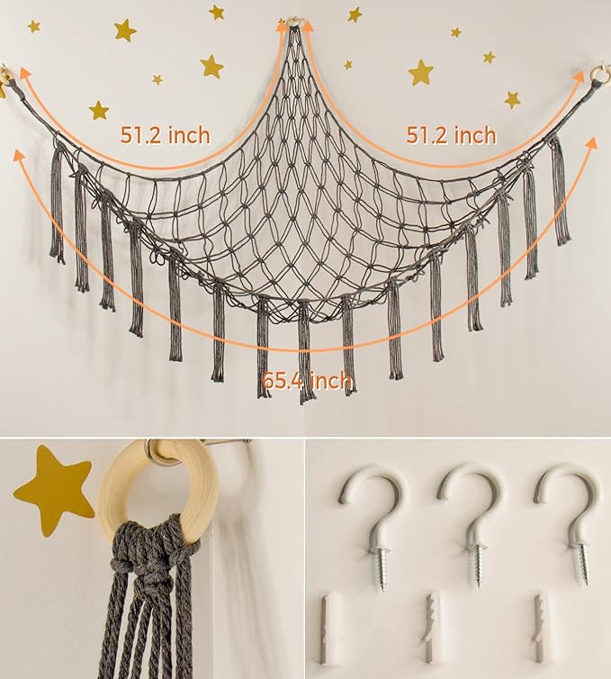 Stuffed Animal Storage Hammock Net - Toy Hammock Net for Stuffed Animals Corner - Hanging Stuff Animal Organizer Holder Large Size Baby Nursery Room Decor-Grey
