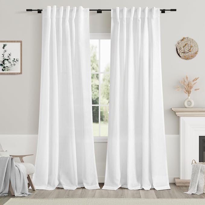 White Linen Curtains 84 Inch Length 2 Panels Back Tab Rod Pocket Semi Sheer Bedroom Curtains Light Filtering Country Closet Curtain Drapes Netural Farmhouse Window Panels for Living Dining Room 42x84