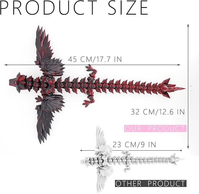 ACOCOFE 3D Printed Dragon with Wings, 18 inch Flying Articulated Winged Dragon, Mystery Crystal Dragons,Home Office Decor Gift (BlackRed)