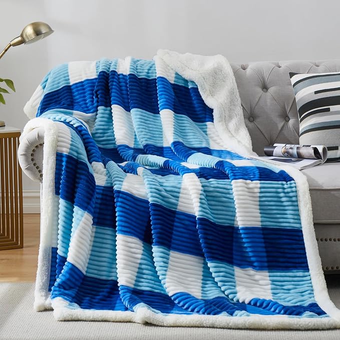 PU MEI Sherpa Blanket Twin Plaid Thick Bed Blanket, 90”*80” Super Soft Flannel Fuzzy Fleece Reversible Velvet Plush Warm Blanket for Couch(Blue Check, 80"*90")