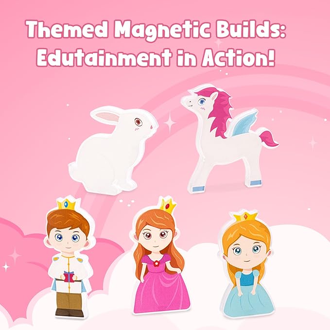 Magnetic Tiles (58PCS), Pegasus Castle STEM Building Set with Princess and Prince, Educational Toys Gift for Girls Ages 3+