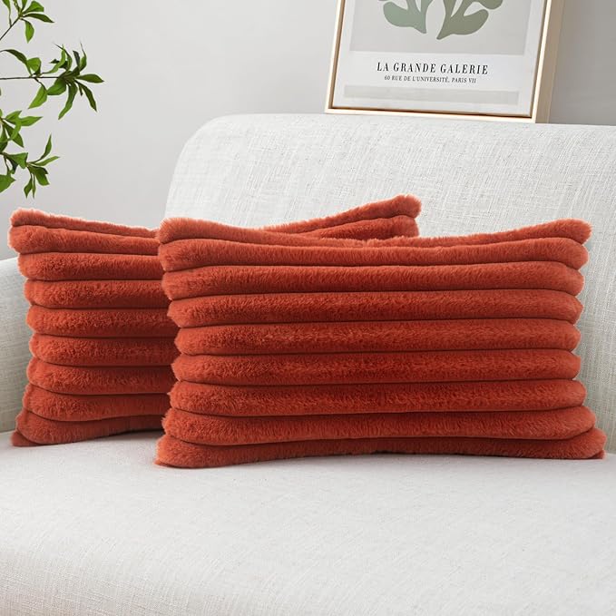 MIULEE Fall Faux Fur Lumbar Decorative Throw Pillow Covers 12x20 Rust | Set of 2, Vintage Boho Fall Modern Soft Plush Couch Pillows, Cozy Fluffy Cushion Covers for Sofa Bed Living Room Home Decor