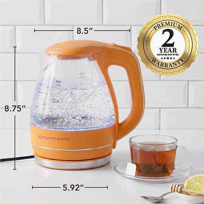 OVENTE Electric Kettle, 1.5L Borosilicate Glass Countertop Water Heater and Boiler for Coffee or Tea, BPA-Free, Auto Shut-Off, Boil-Dry Protection, Removable and Washable Spout Filter, Orange KG83O
