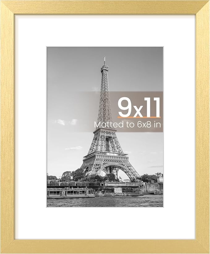 upsimples 9x11 Picture Frame, Display Pictures 6x8 with Mat or 9x11 Without, Wall Hanging Photo Frame, Gold, 1 Pack