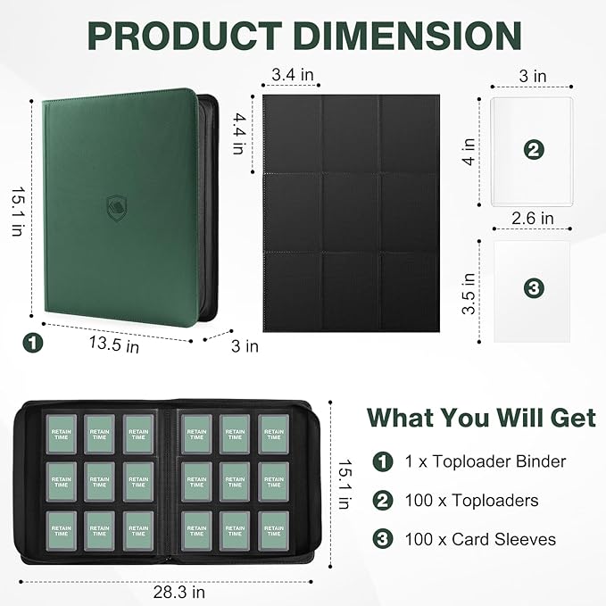 Toploader Binder, Holds 360 Toploaders, 100 Toploaders INCLUDED, 9-Pocket PU Cover Top Loader Binder for 3" x 4" Rigid Toploader, Ringless Double-Sided Toploader Card Binder for TCG, Sport Cards