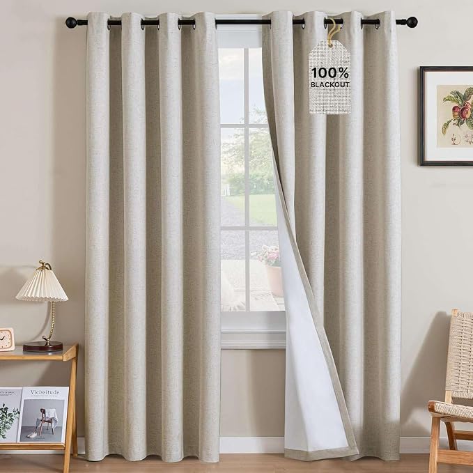 H.VERSAILTEX Linen Curtains 100% Blackout Curtains for Bedroom 108 inch Long Full Light Blocking Nature Linen Blended Window Curtains for Living Room Nickel Grommet (2 Panels, Heathered Linen)