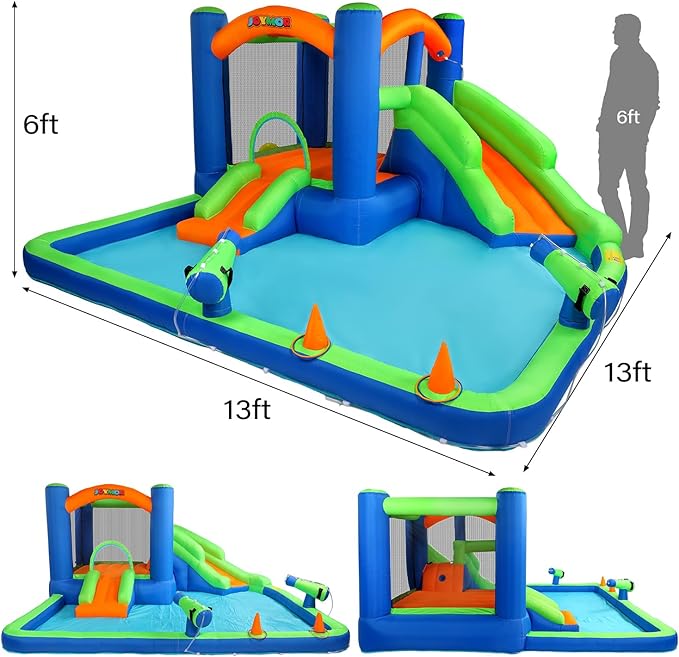JOYMOR Inflatable Water Slide Bounce House for 3-6, 30s Blow Up Water Slide w/Basketball Hoop, Water Cannon, Ring-Toss Game, Inflatable Water Bounce House w/Slides, Air Blower (Blue/Green)
