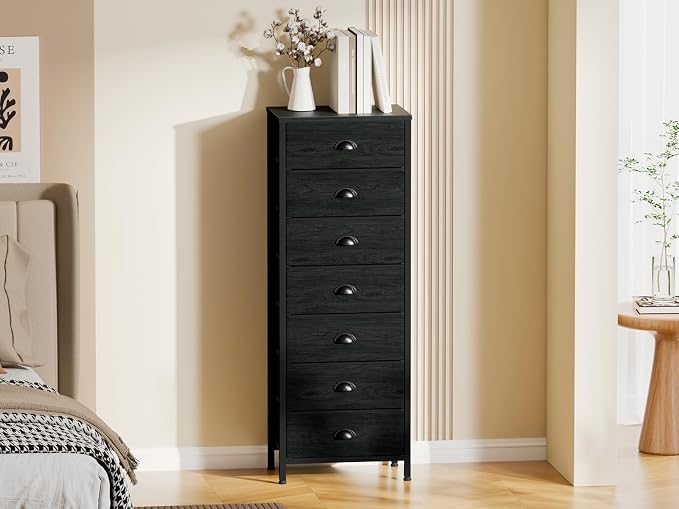 Black Bedroom Dresser, Tall Chests of Drawers with 7 Fabric Bins | Sturdy Steel Frame, Wooden Top, Organizer in Closet, Tall Nightstand for Dorm, Living Room, Hallyway-Storage Tower Unit