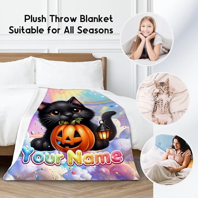 Girls Blankets Personalized 4 Sizes Cozy Soft Flannel Cat Throw for Couch, Bedroom